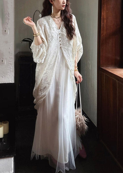 Fitted White V Neck Patchwork Long Dress Lantern Sleeve