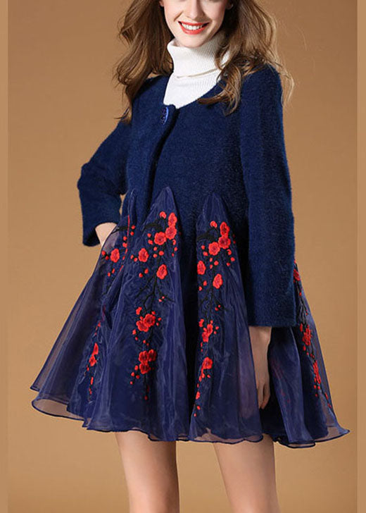 Art Navy Retro Button Patchwork Fall Woolen Coats
