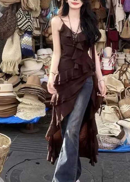Chocolate V Neck Asymmetrical Ruffled Spaghetti Strap Dress Summer