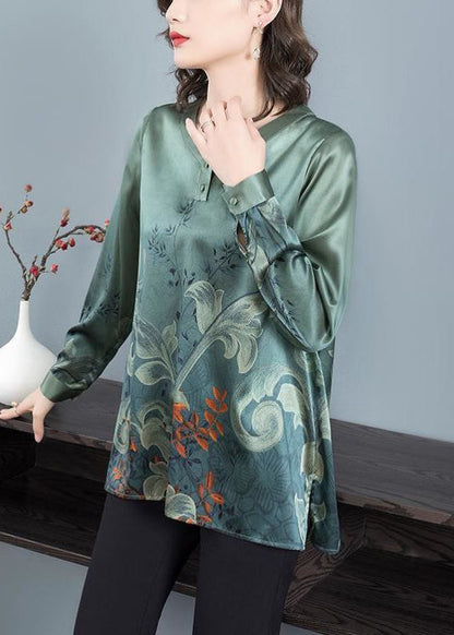 Blackish Green O Neck Print Patchwork Silk Top Fall