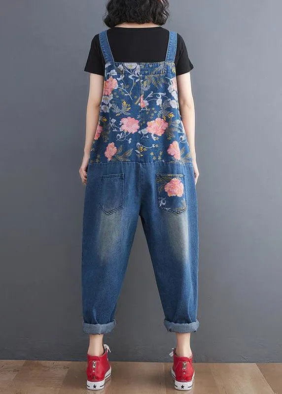 Modern Blue Print Patchwork Denim Straight Overalls Jumpsuit Spring