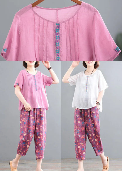 Pink Linen Tops and Pants Two Pieces Set Wrinkled Embroideried Short Sleeve