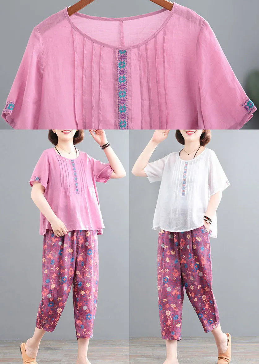 Handmade White Embroideried Print Linen Sets Two Pieces Summer