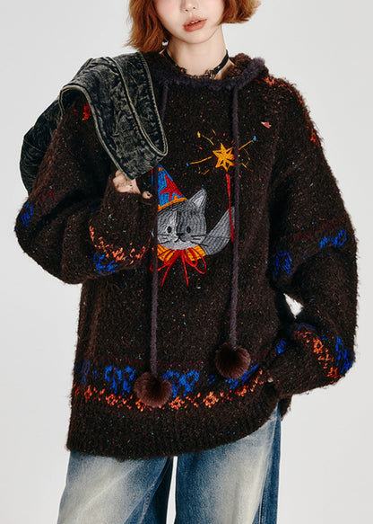 Choaolate Hooded Cat Embroidered Knit Loose Sweatshirt Winter