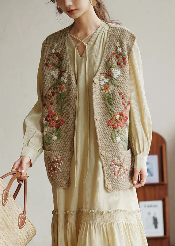Khaki Embroideried Button Patchwork Knit Waistcoat Sleeveless