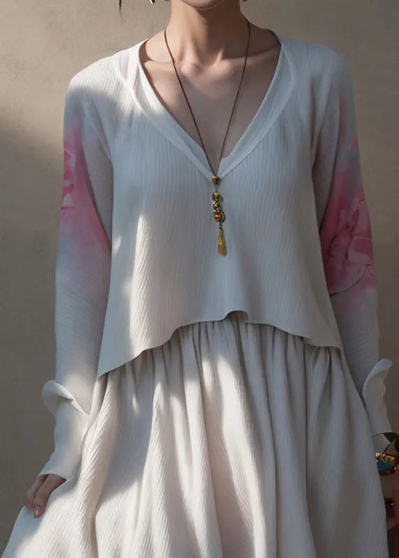 Loose Beige V Neck Print Fake Two Pieces Silk Maxi Dress Fall