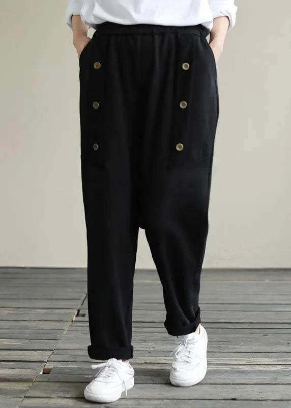 Vivid Black Jeans Spring Elastic Waist Patchwork Work Pant