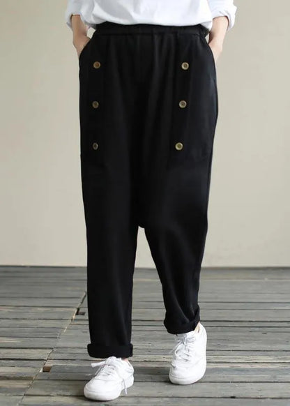Vivid Black Jeans Spring Elastic Waist Patchwork Work Pant