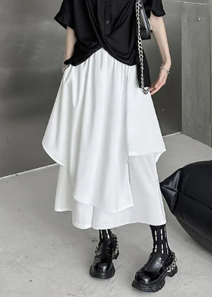 White Asymmetrical Elastic Waist Patchwork Cotton Pants Skirt Fall