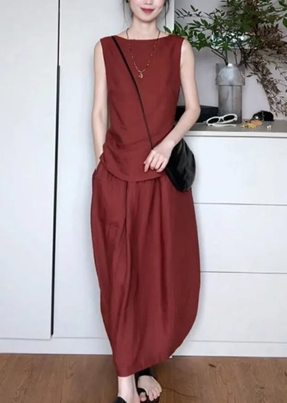 Red Pockets Top and Maxi Skirts Two Piece Set Sleeveless