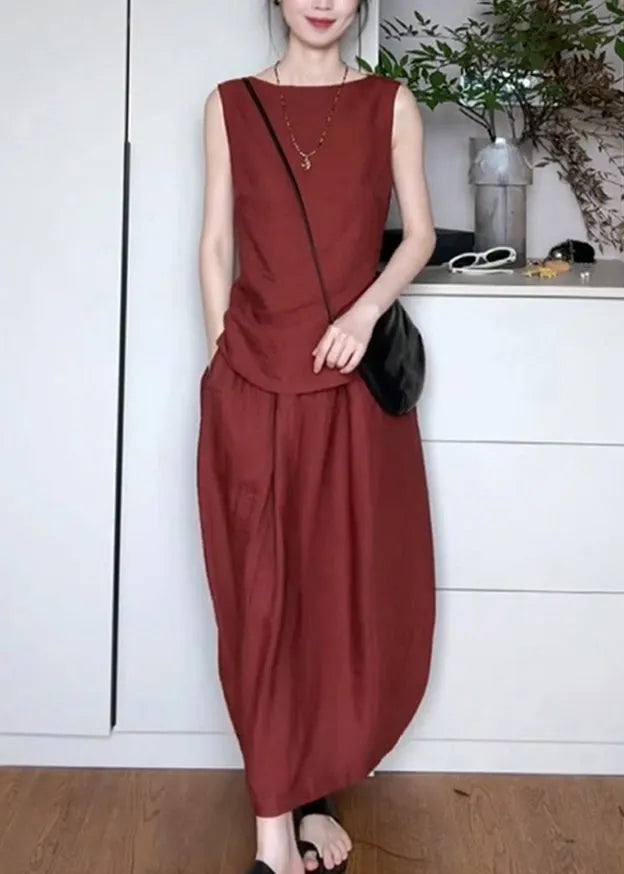 Red Pockets Top and Maxi Skirts Two Piece Set Sleeveless