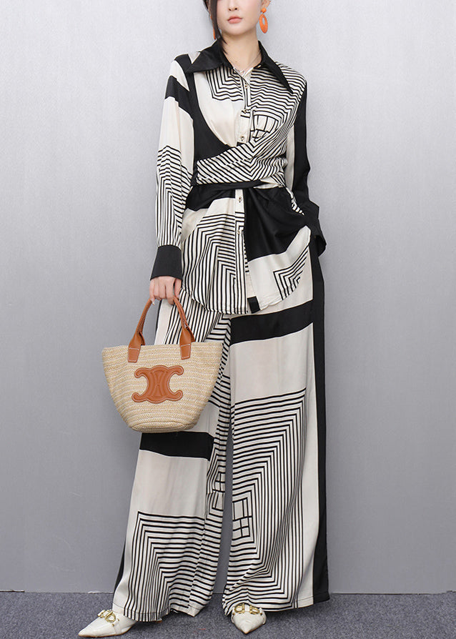 Striped Original Design Tie Waist Patchwork Two Piece Set Fall