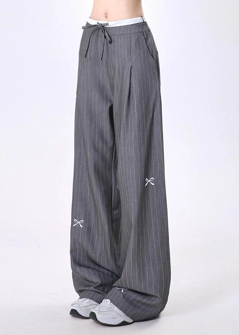 Grey Embroidered Bow Striped Patchwork Cotton Pants Spring