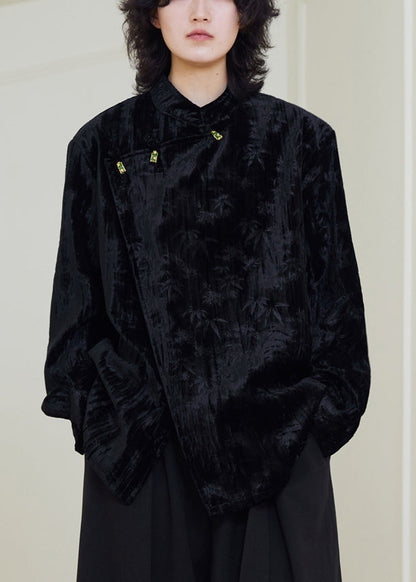 Black Stand Collar Button Silk Velour Shirts Fall