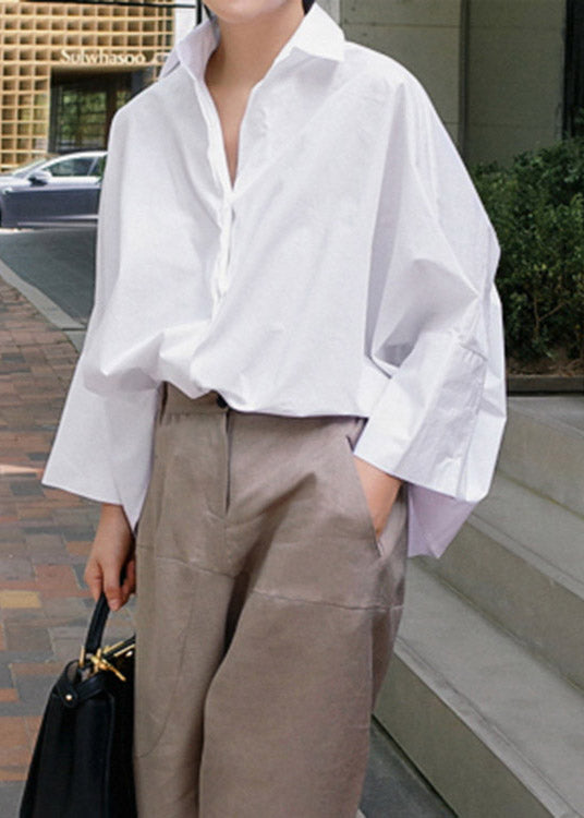 White Peter Pan Collar Button Cotton Shirts Batwing Sleeve