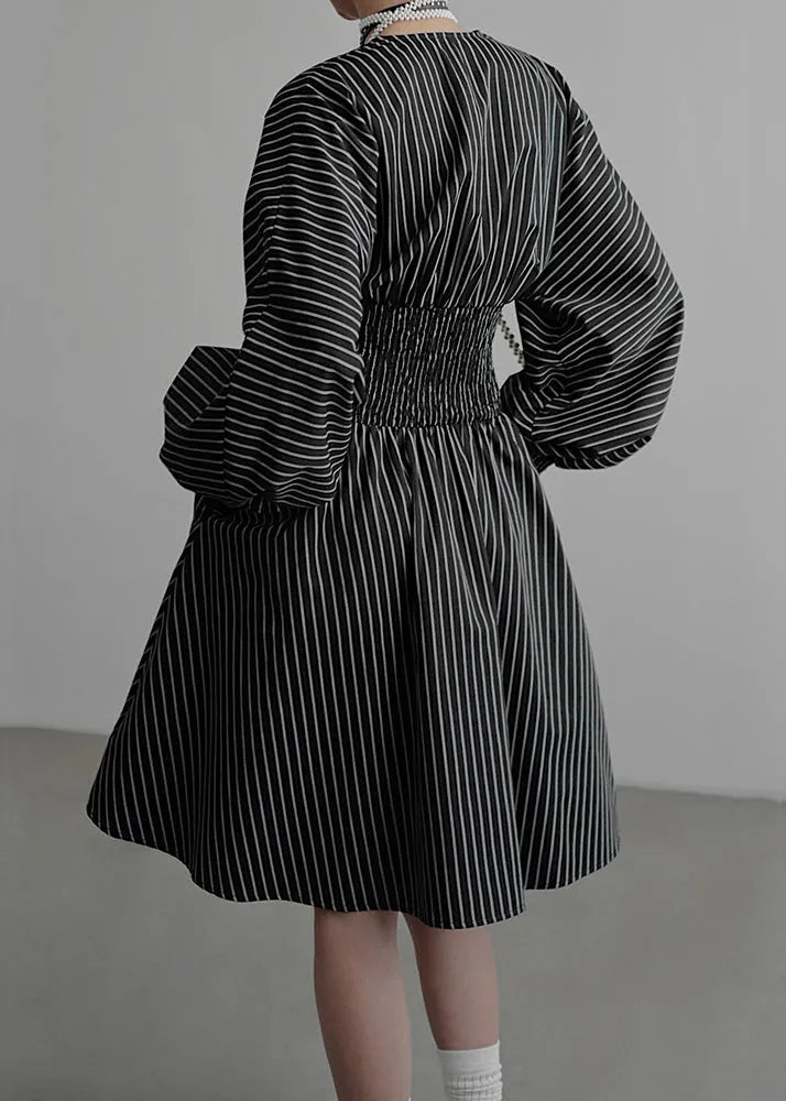 French Black V Neck Striped Pockets Cotton Mid Dress Fall