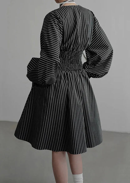 French Black V Neck Striped Pockets Cotton Mid Dress Fall