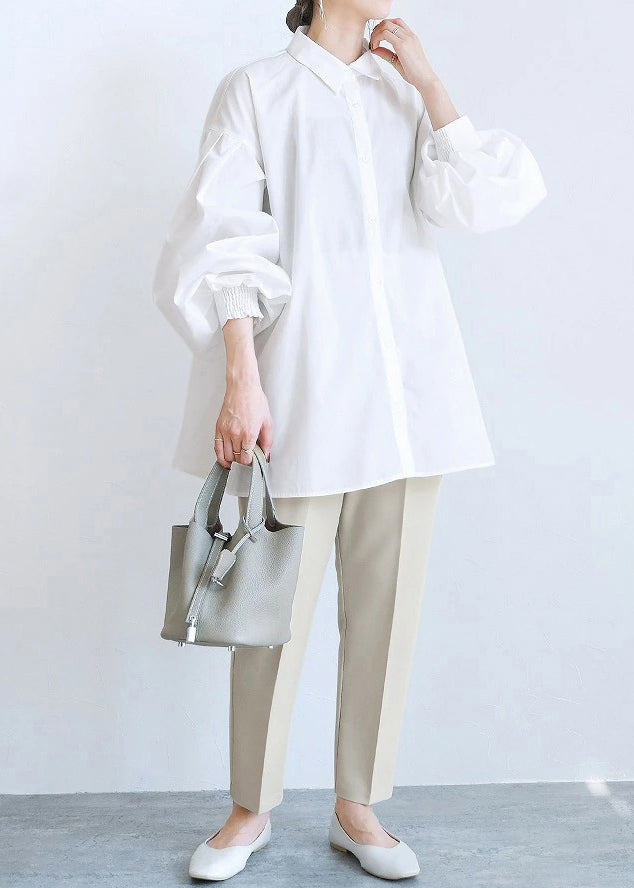 White Oversized Side Open Cotton Blouse Top Lantern Sleeve