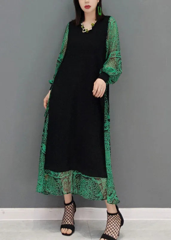 Diy Green O-neck Tie Waist Lace Patchwork Knit Dress Spring