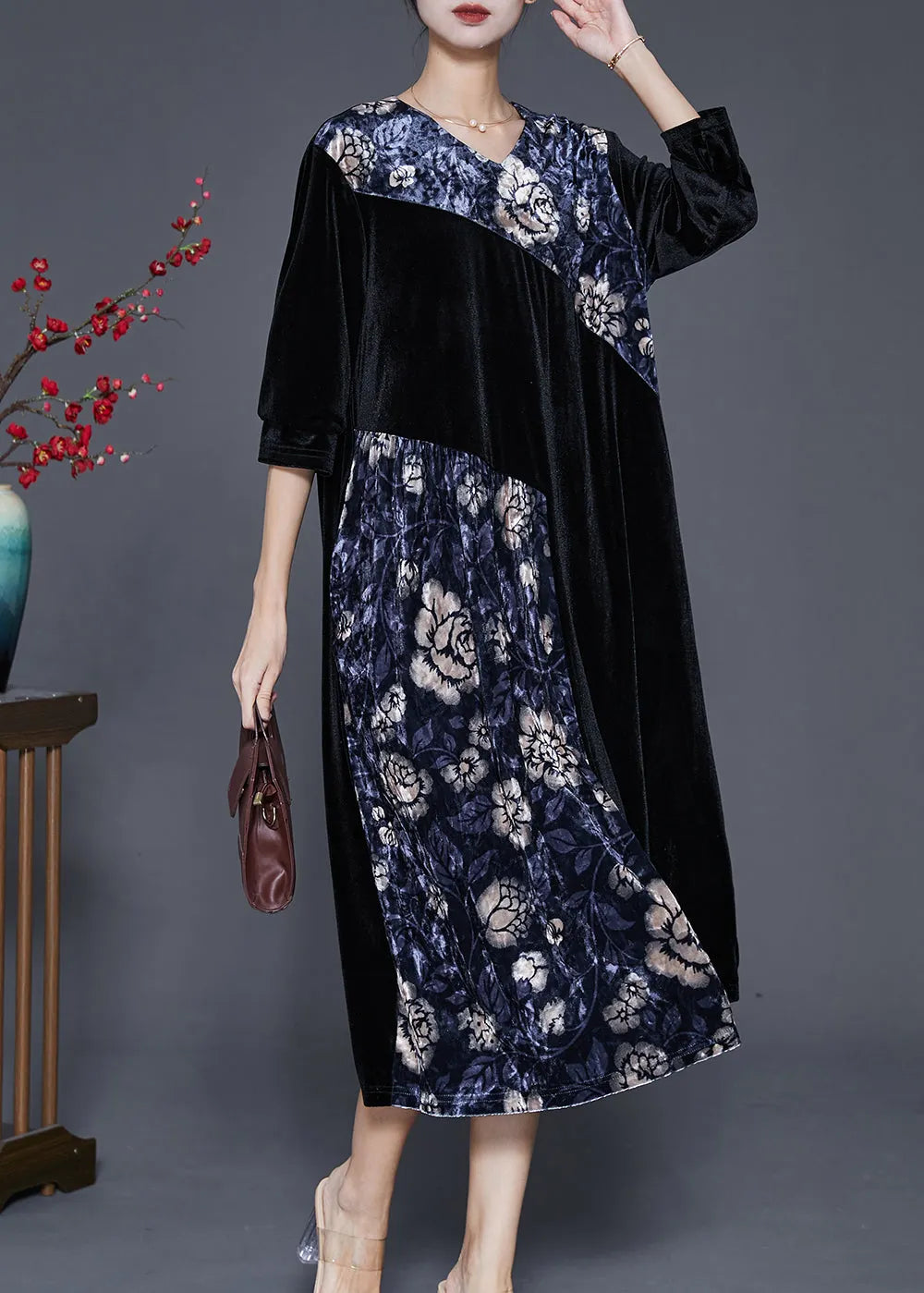 French Black Oversized Patchwork Silk Velour Dresses Half Sleeve