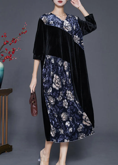 French Black Oversized Patchwork Silk Velour Dresses Half Sleeve