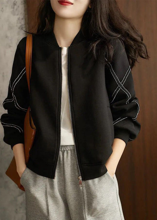 Black Stand Collar Oversized Cotton Jackets Fall