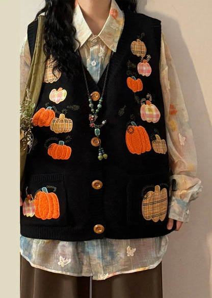 New Black Embroidered Pumpkin Button Knit Waistcoat Spring