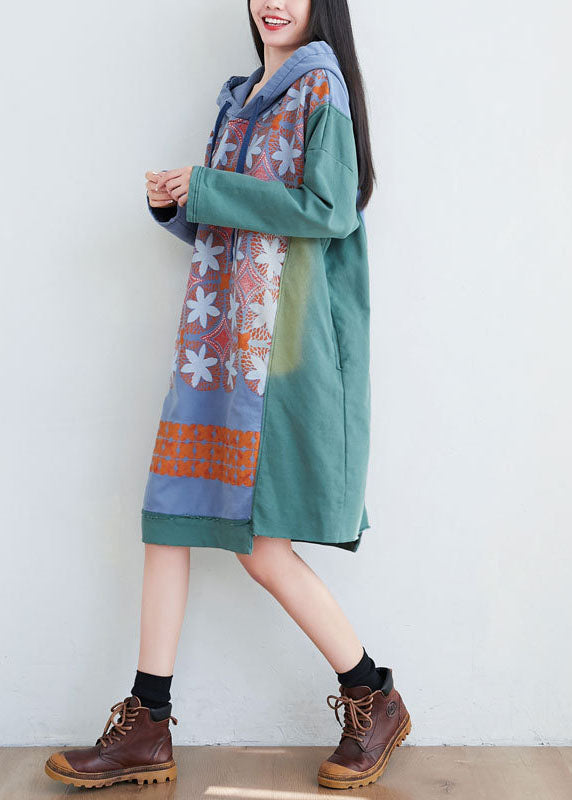 Green Hooded Print Cotton Mid Dresses Spring