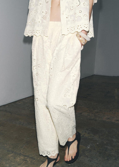 Loose White Embroidered Hollow Out Cotton Two-piece Set Half Sleeve