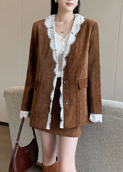 Brown Button Lace Patchwork Silk Velvet Coats Fall