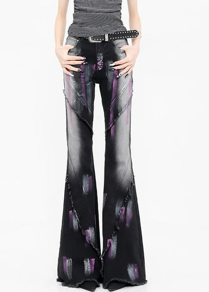 Black Graffiti Ruffled Patchwork Denim Flared Trousers Fall