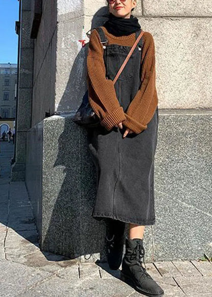 Black Slash Neck Patchwork Button Denim Long Dress Fall