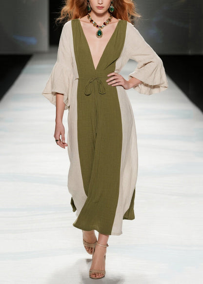 Boutique Tea Green V Neck Patchwork Cotton Long Dresses Summer