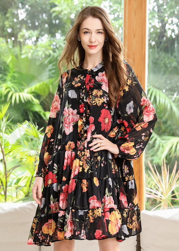 Black Stand Collar Patchwork Print Chiffon Pleated Dresses Spring