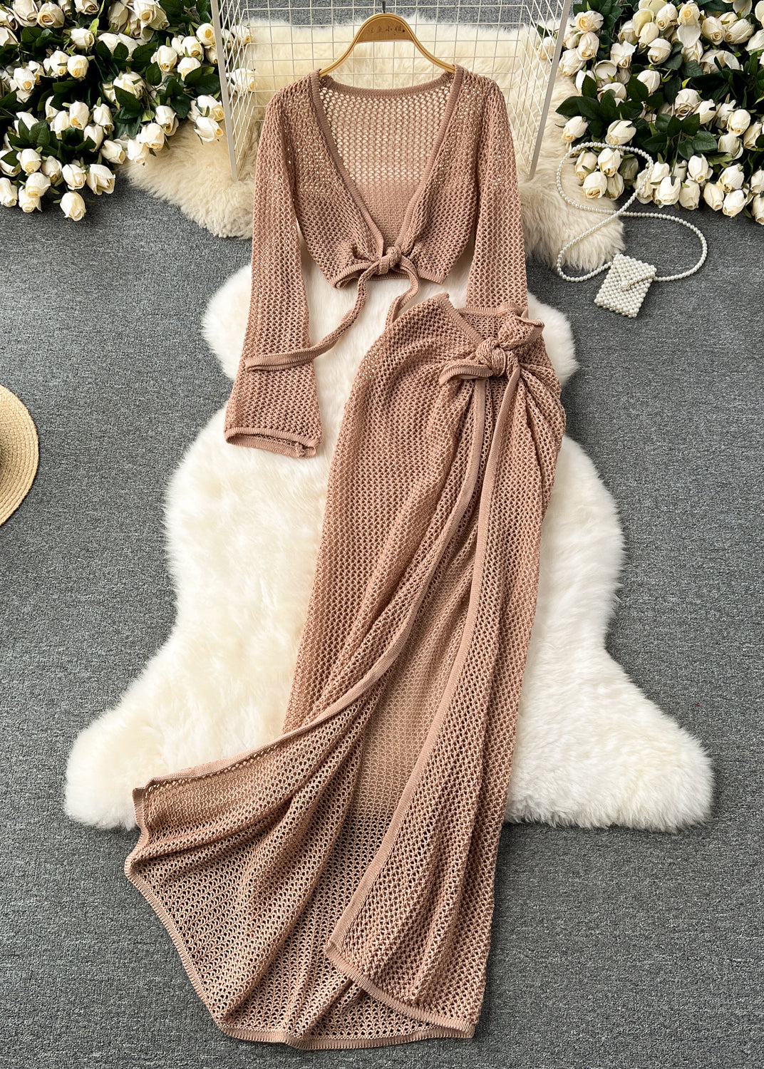 French Blue Hollow Out Tops and Side Open Skirts Knit Two Pieces Set Fall