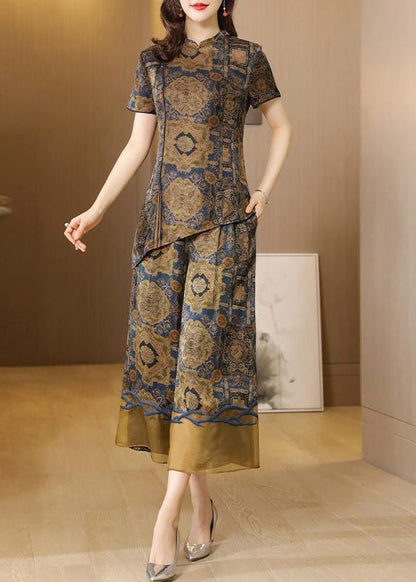Khaki Asymmetrical Design Print Silk Two Pieces Set Summer