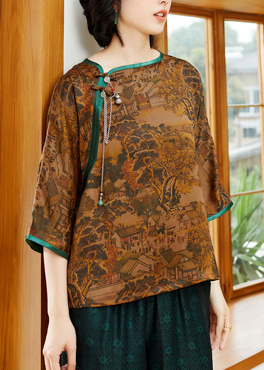 Retro Yellow O-neck Print Patchwork Silk Tops Half Sleeve