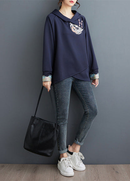 Navy Embroideried Patchwork Cotton Sweatshirt Tops Spring