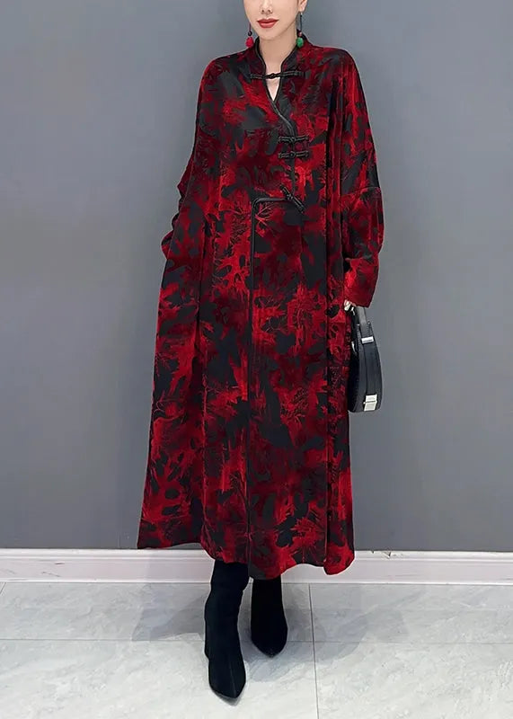 Red Stand Collar Print Patchwork Loose Velour Dresses Fall