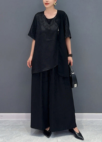 New Chinese Style Silk Jacquard Top and Wide Leg Pants Two Piece Set