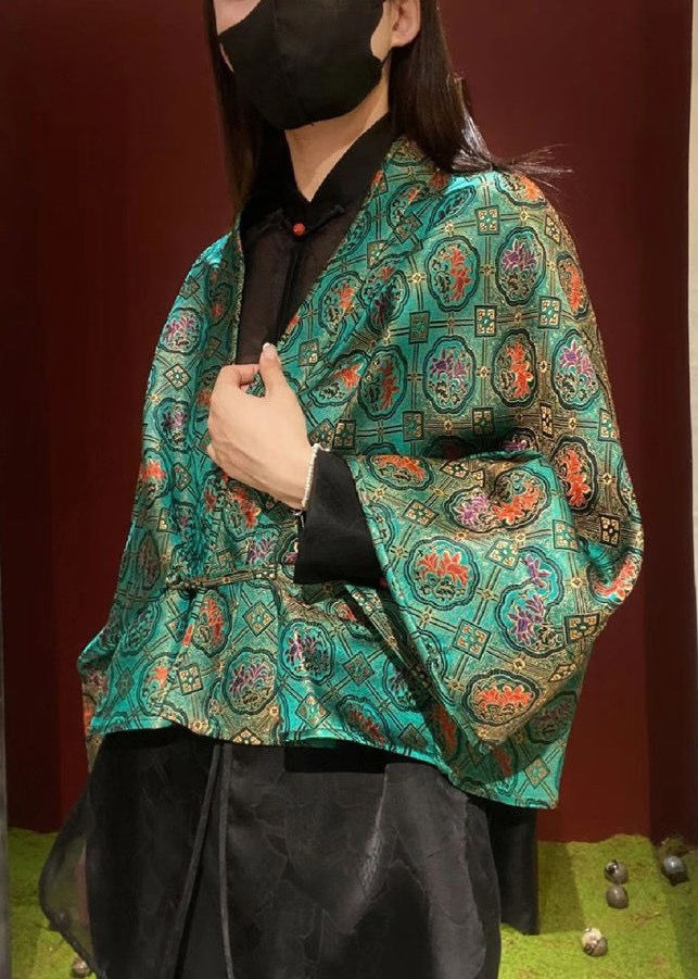 Green V Neck Print Patchwork Silk Two Pieces Set Fall