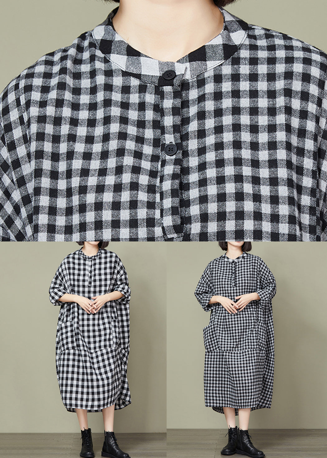 Big Plaid Pockets Patchwork Cotton Long Dresses Fall
