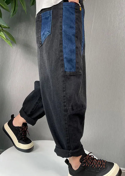 Natural Black Patchwork Denim Harem Pants Spring