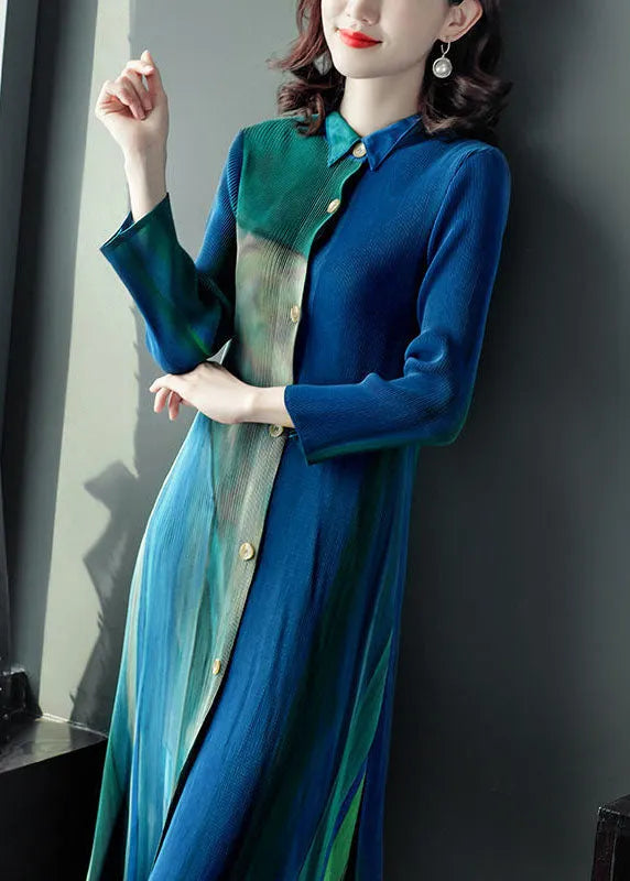 Slim Fit Blue Green Peter Pan Collar Wrinkled Gradient Color Shirt Dress and Straight Pants Two Pieces Set Fall