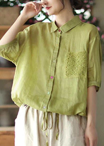 Green Peter Pan Collar Drawstring Button Linen Shirt Top Short Sleeve