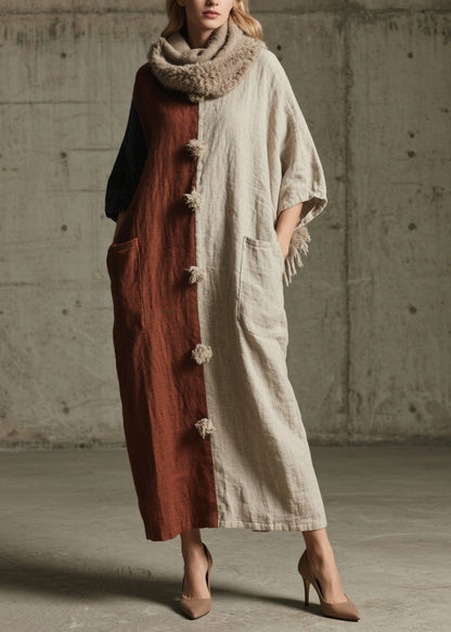 Colorblock Pockets Patchwork Cotton Ankle Dress Fall