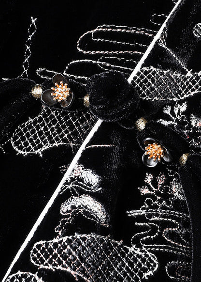 Black V Neck Jacquard Patchwork Silk Velour Coats Fall