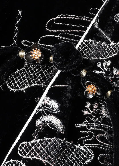 Black V Neck Jacquard Patchwork Silk Velour Coats Fall