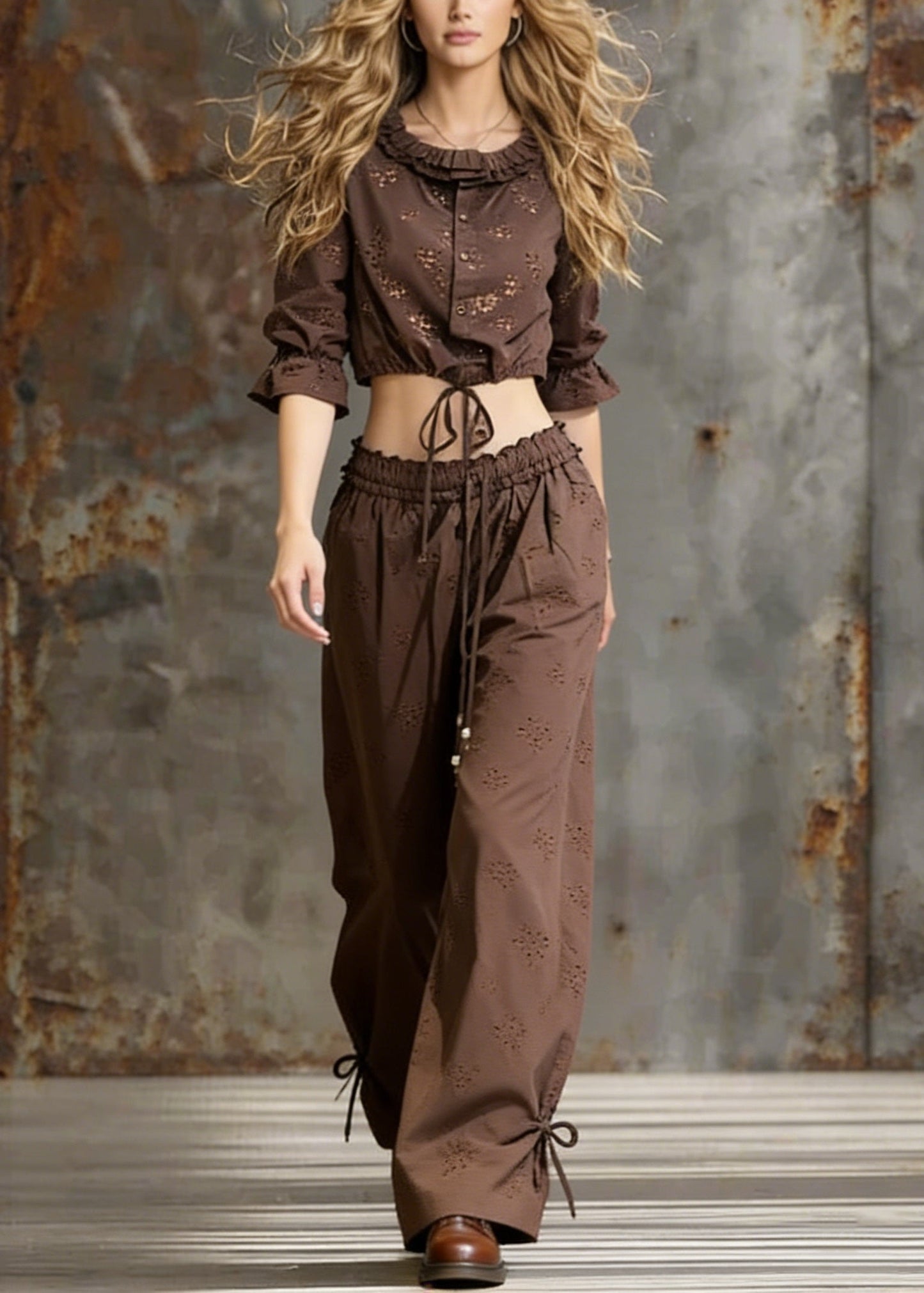Coffee Lace Up Ruffled Cotton Two Pieces Set Spring