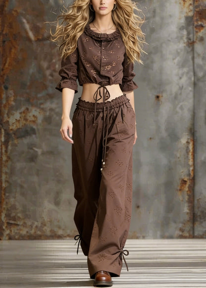 Coffee Lace Up Ruffled Cotton Two Pieces Set Spring